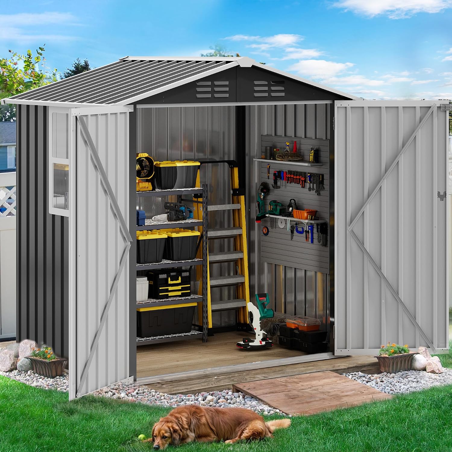 DWVO 6x4ft Metal Tool Shed with Window, Outdoor Storage Shed for Backyard, Lawn, and Patio, Heavy-Duty Storage Unit with Four Vents & Lockable Door for Storing Tools, Equipment & Trash Bins, Dark Gray