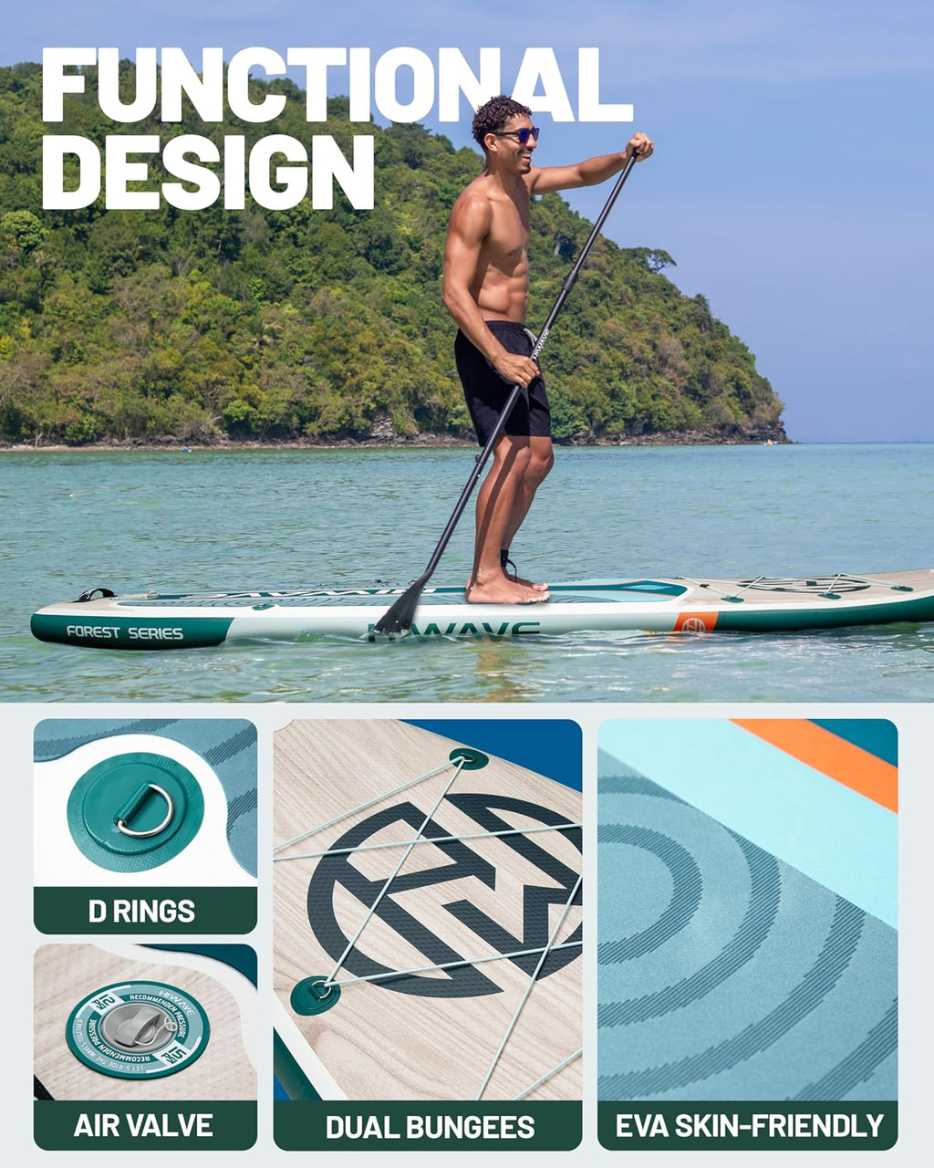 Hiwave Inflatable Paddle Board 11 '* 34 '* 6' Extra Wide Sup Board, 420lb Capacity Paddle Board for Adults, Suitable for Sea and Lakes, 2+1Family Board