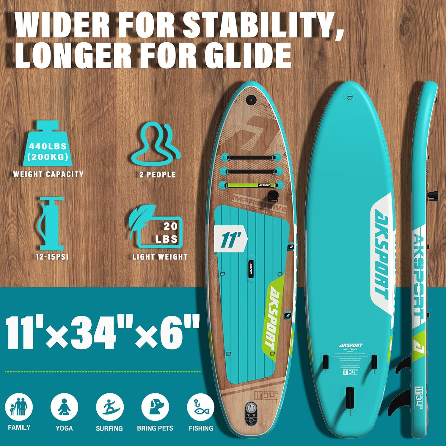 AKSPORT 11' Inflatable Stand-Up Paddle Board with Upgraded SUP Accessories Kit | Extra Wide 34' Design | Non-Slip Deck | Premium SUP Board for Adults & Youth of All Levels