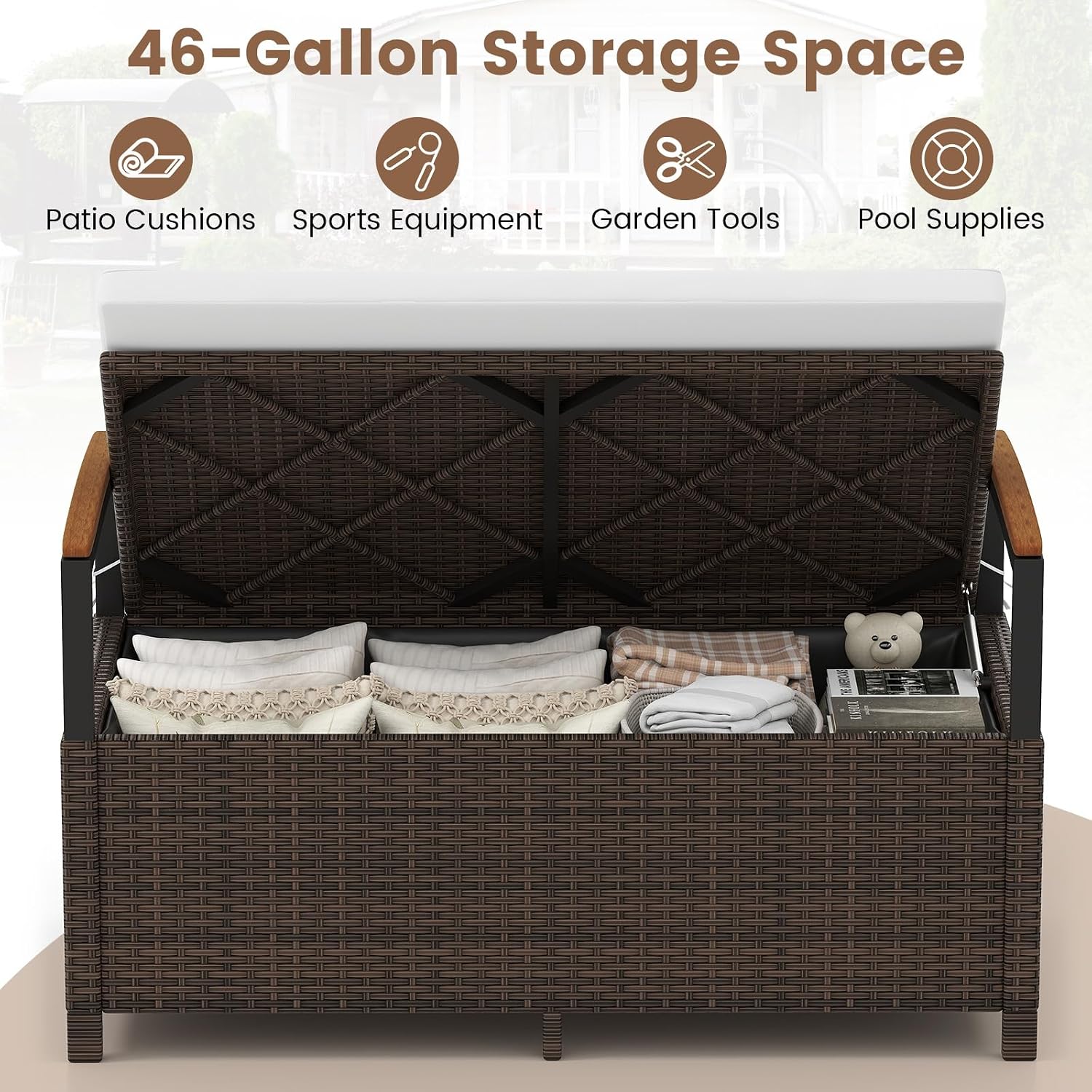 Tangkula 46 Gallon Outdoor Bench with Storage, Outdoor PE Rattan Storage Bench with Cushion, Backrest & Acacia Wood Armrests, Metal Frame, Waterproof Deck Box Seat for Porch Backyard Poolside