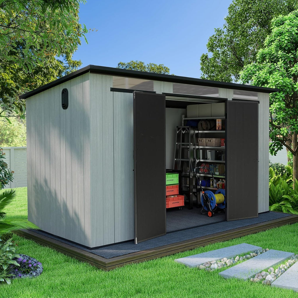 Domi 6x11FT Resin Outdoor Storage Shed with Sloping Roof, Waterproof Outside Sheds with Windows & Vents, Heavy-Duty Plastic Tool Storage Shed for Patio Furniture, Lawn Mower, Bike