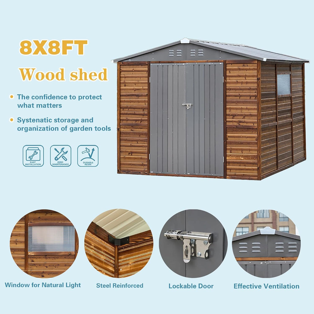 Shed 8' x 8' Storage Shed, 8x8 FT Wood Sheds & Outdoor Storage Clearance, Utility and Tool Garden Shed, Waterproof Storage Shed Large with Lockable Doors for Backyard, Patio, Outside Use