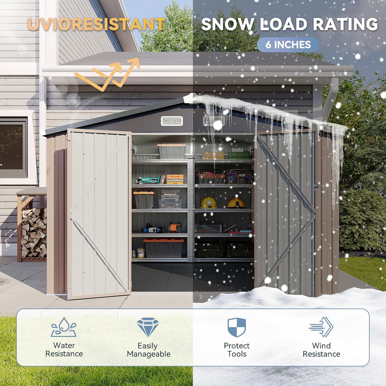 10x8 Galvanized Storage Shed with 15mm Moisture-Proof Floor Heavy Duty Outdoor Storage Shed, Double Doors & Sloped Roof, Ventilation Design for Bike, Generator, Garden Tools (10X8 with Floor)