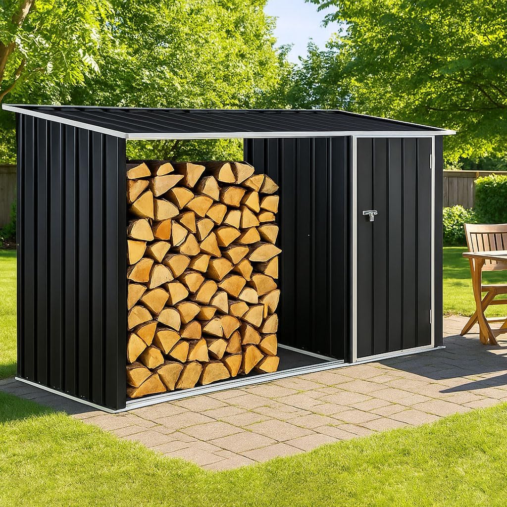 2-in-1 Outdoor Garden Storage Shed with Firewood Rack, Heavy Duty Galvanized Steel Tool Shed with Sloped Roof, Weather-Resistant Backyard Storage for Tools, Equipment & Firewood