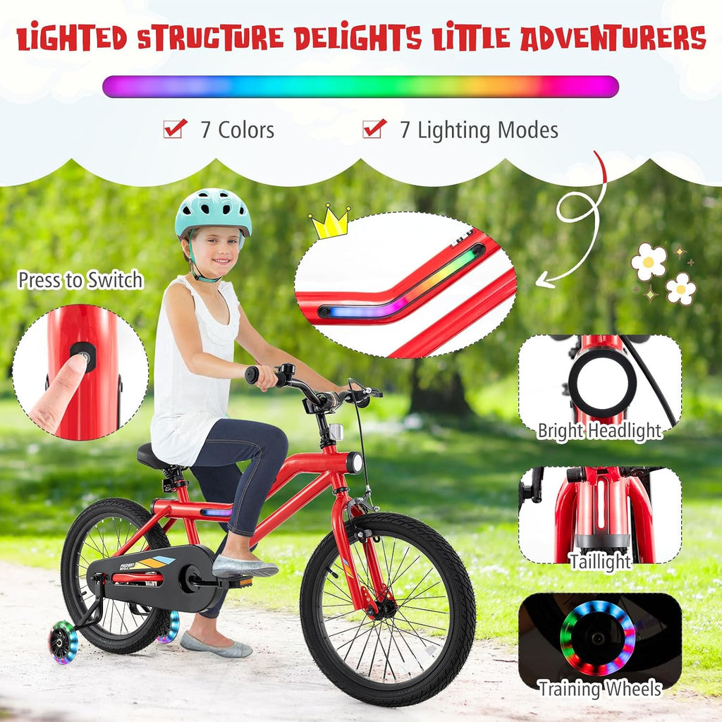 BABY JOY Lighted Kids Bike, 16 18 Inch Children Bicycle with 7-Mode LED Lighted Frame, Headlight, Flash Training Wheels, Dual-Brake, 95% Pre-Assembled, Girls Boys Bike for 4-8 Years