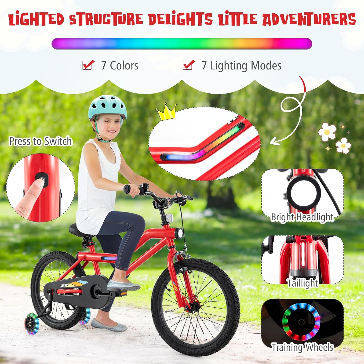 BABY JOY Lighted Kids Bike, 16 18 Inch Children Bicycle with 7-Mode LED Lighted Frame, Headlight, Flash Training Wheels, Dual-Brake, 95% Pre-Assembled, Girls Boys Bike for 4-8 Years