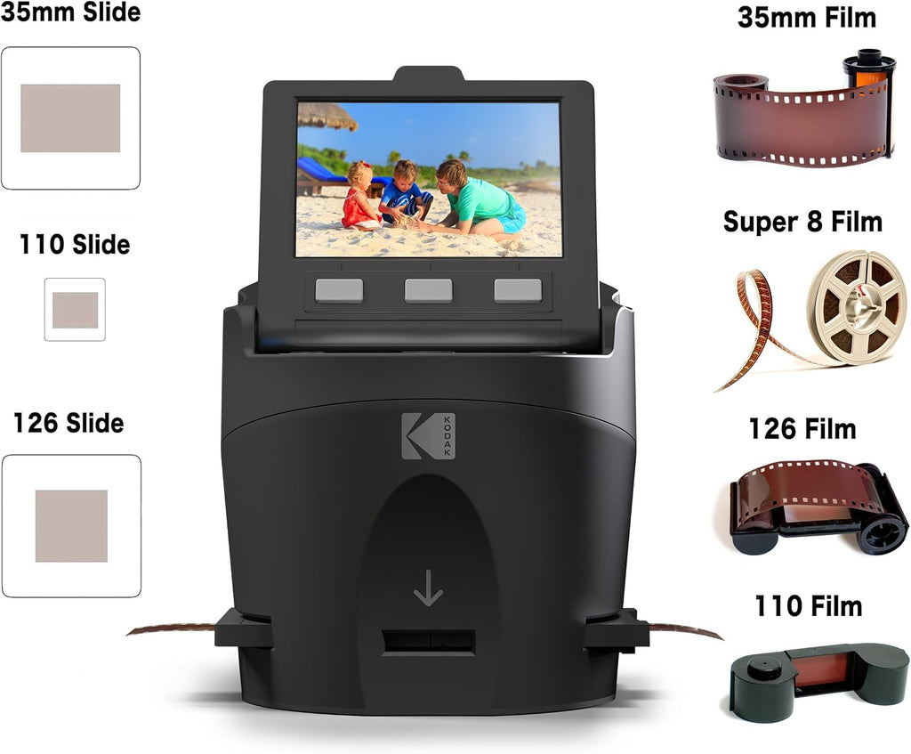 Kodak SCANZA Digital Film & Slide Scanner – Converts 35mm, 126, 110, Super 8 & 8mm Film to JPEG with 3.5' LCD, Easy-Load Inserts & Adapters
