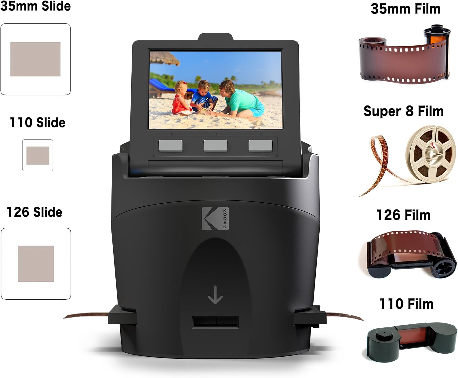 Kodak SCANZA Digital Film & Slide Scanner – Converts 35mm, 126, 110, Super 8 & 8mm Film to JPEG with 3.5' LCD, Easy-Load Inserts & Adapters
