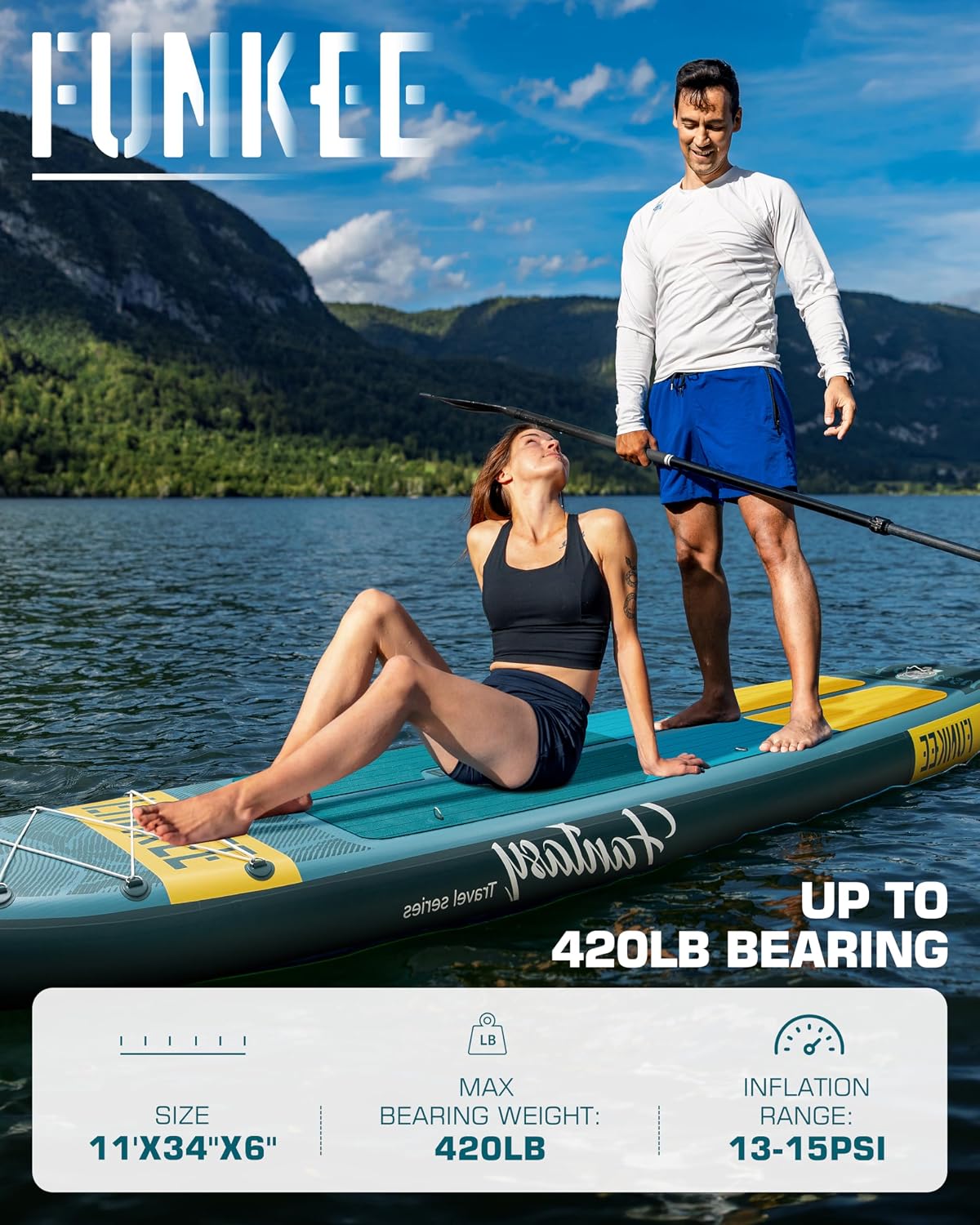 11'×34'×6' Extra Wide Inflatable Stand Up Paddle Board, Sup Board with Removable Fins, Backpack, Floating Paddle, Safety Leash, Floating Phone Case for Adults & Youth of All Skill Levels