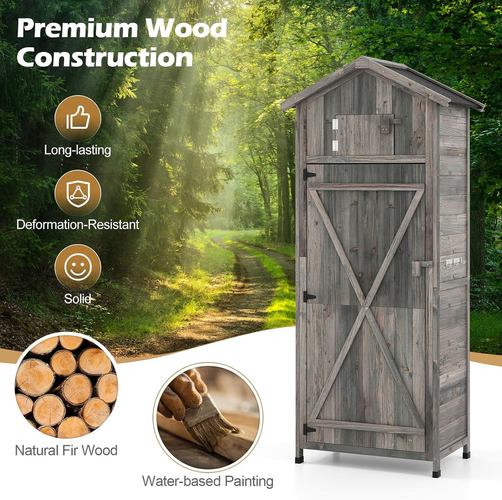 Goplus All-in-One Storage Shed, 70' Tall Wooden Lockable Cabinet w/Foldable Work Table, Vertical Utility Tool Organizer w/Shelves & Hooks, Waterproof Garden Shed for Patio Backyard (Gray)