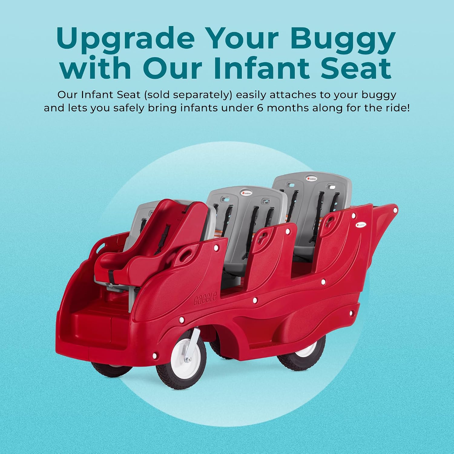 Gaggle by Foundations Parade 6 Seat Buggy Stroller | 6 Passenger Buggy for Kids | 6 Seat Daycare Stroller with 5-Point Safety Harness | EasyLoad Steps | SoftStop Brake | Ergonomic Push Handle | Red