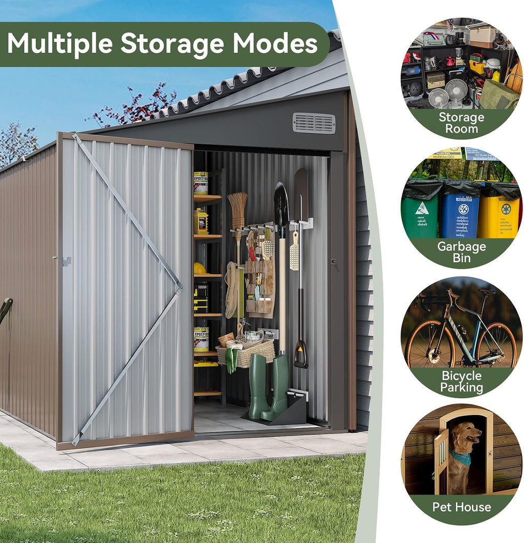 7'x5.5' Lean to Shed Large Storage Room Galvanized Steel Storage Sheds with Side Door Waterproof Utility Shed with Sloped Roof for Mower, Bike, Garden Tools (Brown)