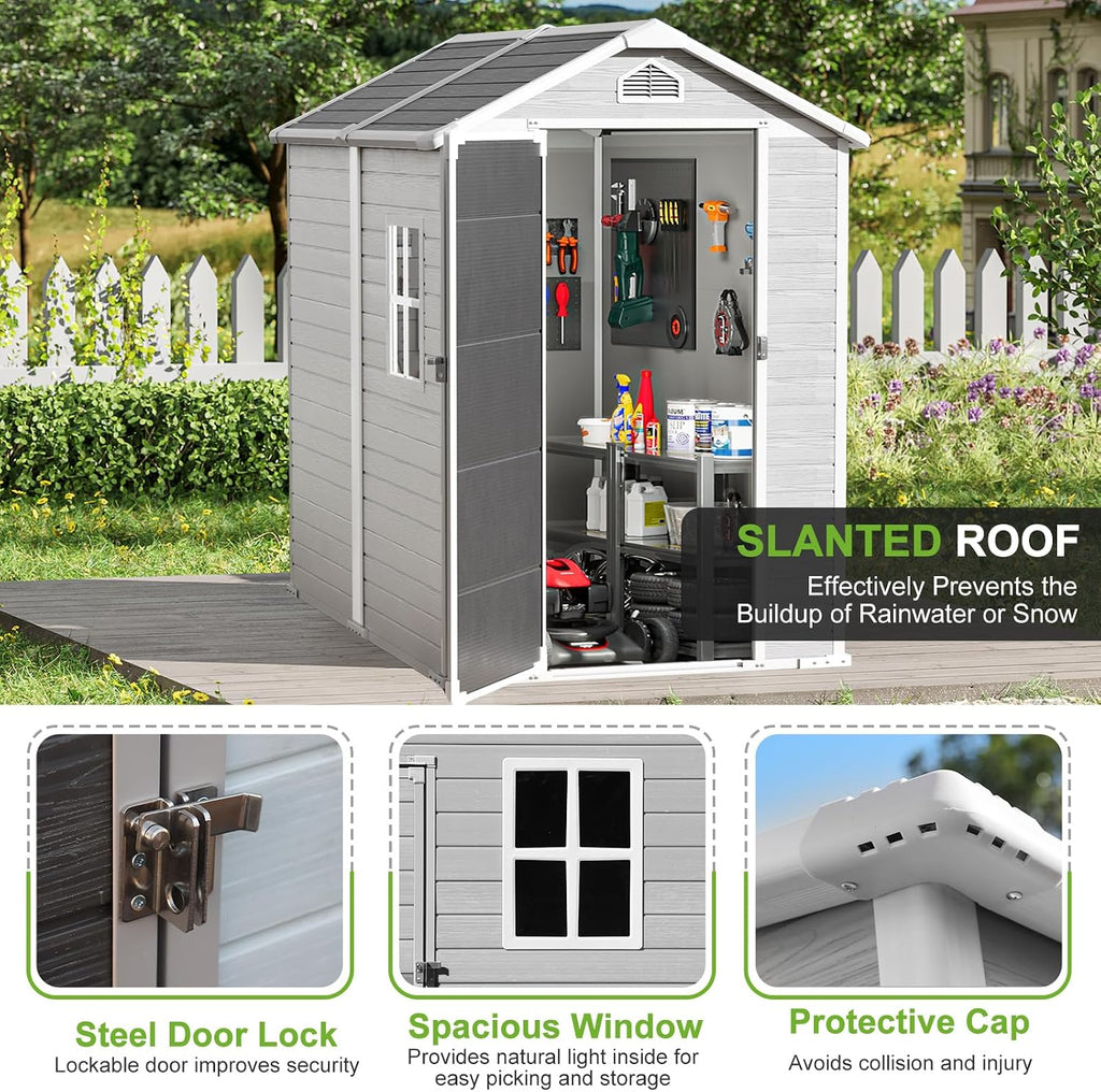 4x6 FT Plastic Outdoor Storage Shed with Floor and Lockable Door, All-Weather Resin Storage Shed Easy to Install, Plastic Sheds & Outdoor Storage for Garden Backyard, Patio, Dove Grey