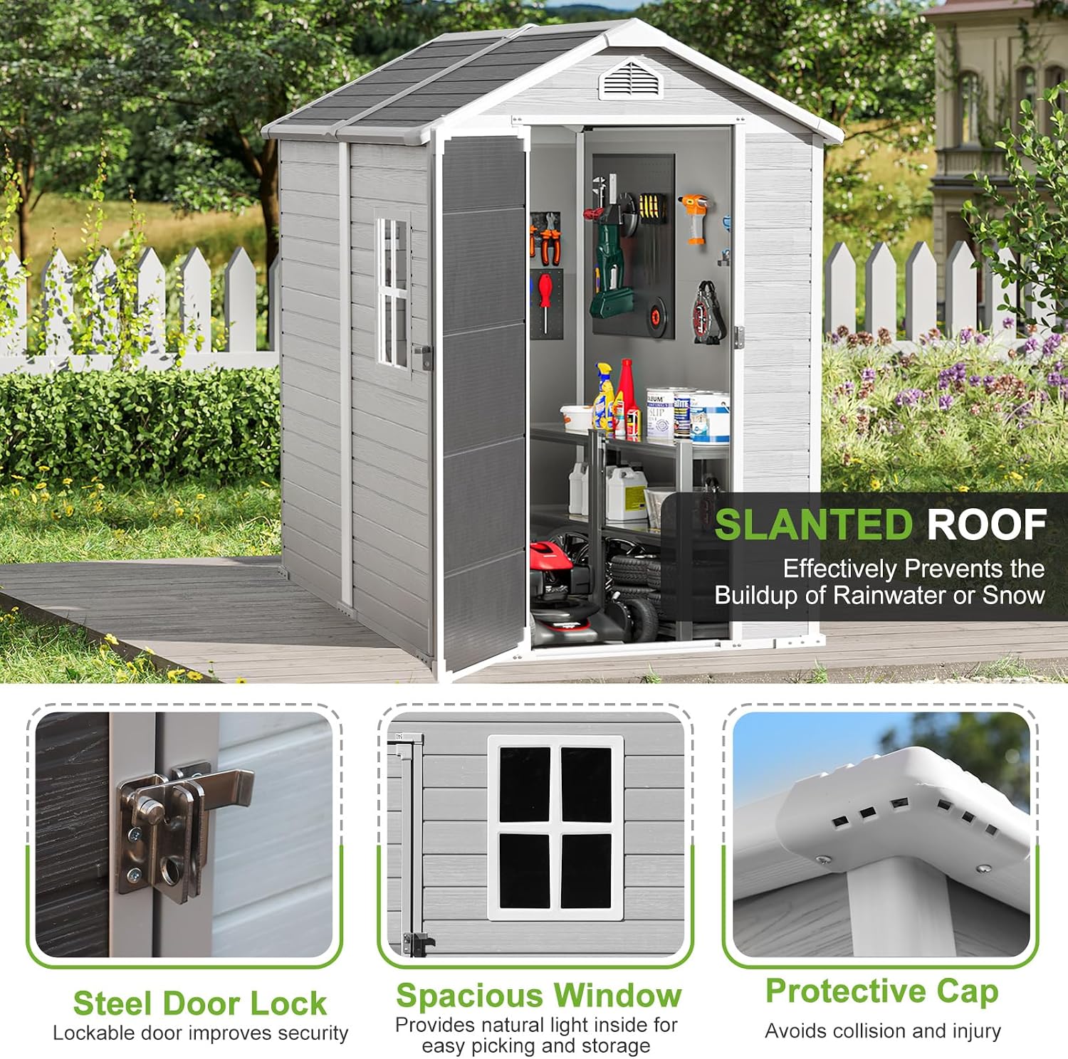 4x6 FT Plastic Outdoor Storage Shed with Floor and Lockable Door, All-Weather Resin Storage Shed Easy to Install, Plastic Sheds & Outdoor Storage for Garden Backyard, Patio, Dove Grey