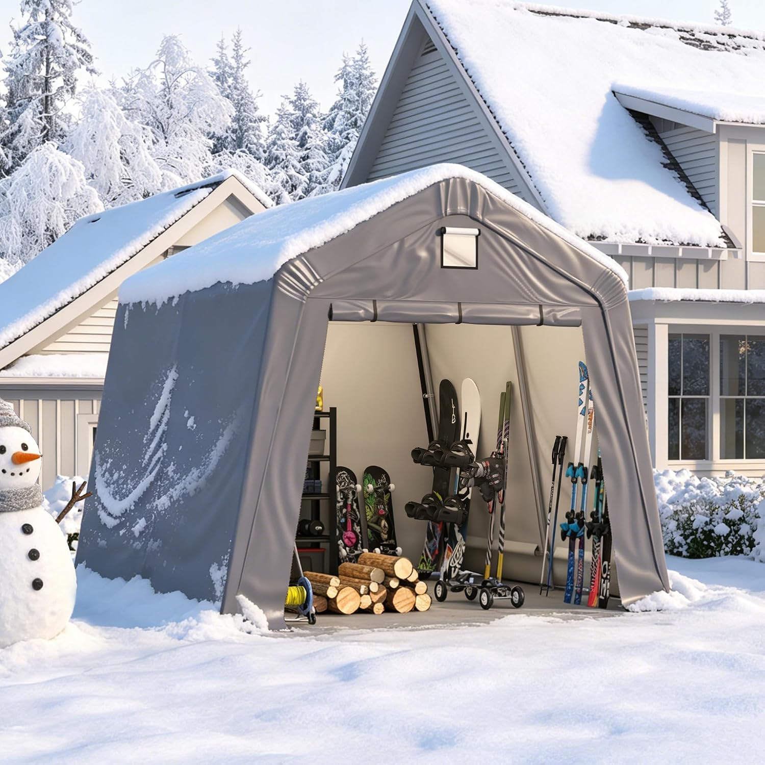 COVERONICS 10' x 10' Outdoor Storage Shed - Heavy Duty Portable Shelter Carport with Ventilation Windows and Roll-up Doors, Storage Shelter Tent for Motorcycle, Bike, Lawnmower and Garden Tools, Grey