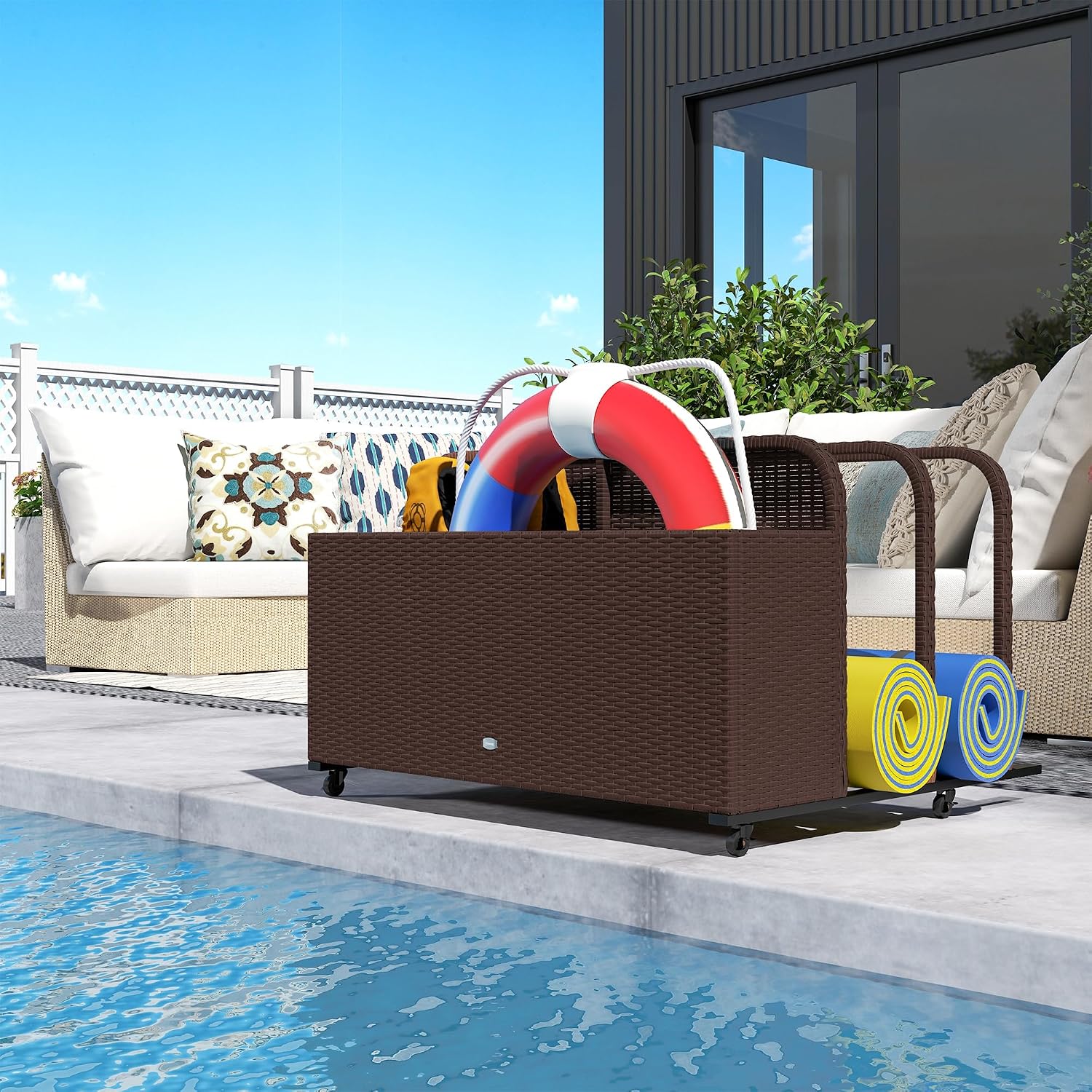 Outsunny Wicker Patio Pool Float Storage Basket, PE Rattan Outdoor Pool Caddy with Rolling Wheels for Floaties, Noodles, Life Vests, Beach Balls, Garden Furniture, Brown