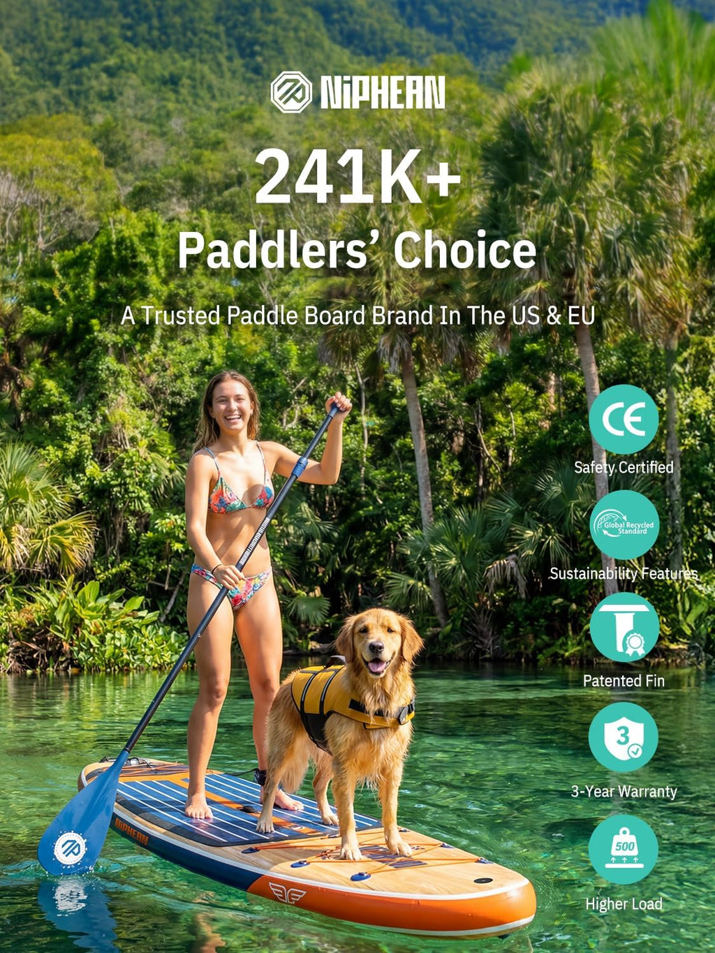 Niphean (Extra Large) Inflatable Paddle Board, SUP for 2+1 People/Family 500lbs Capacity Stand Up Paddle Board with SUP Accessories, StabilTrac Fin Non-Slip Paddleboard for Adults