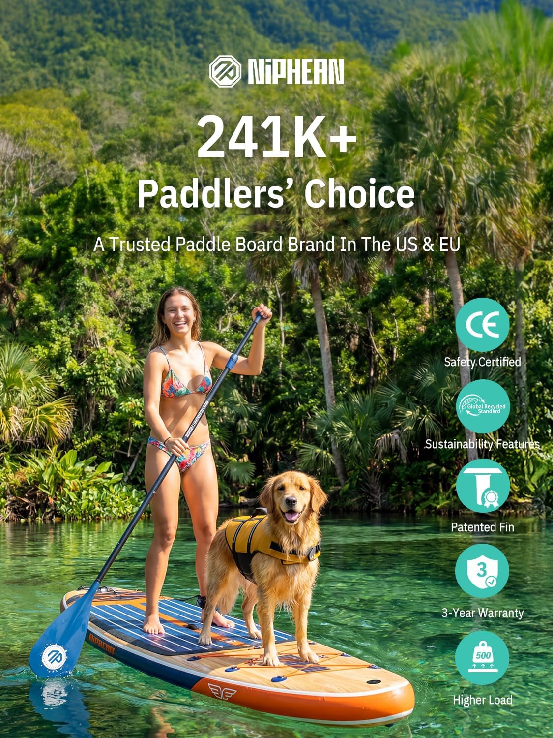 Niphean (Extra Large) Inflatable Paddle Board, SUP for 2+1 People/Family 500lbs Capacity Stand Up Paddle Board with SUP Accessories, StabilTrac Fin Non-Slip Paddleboard for Adults