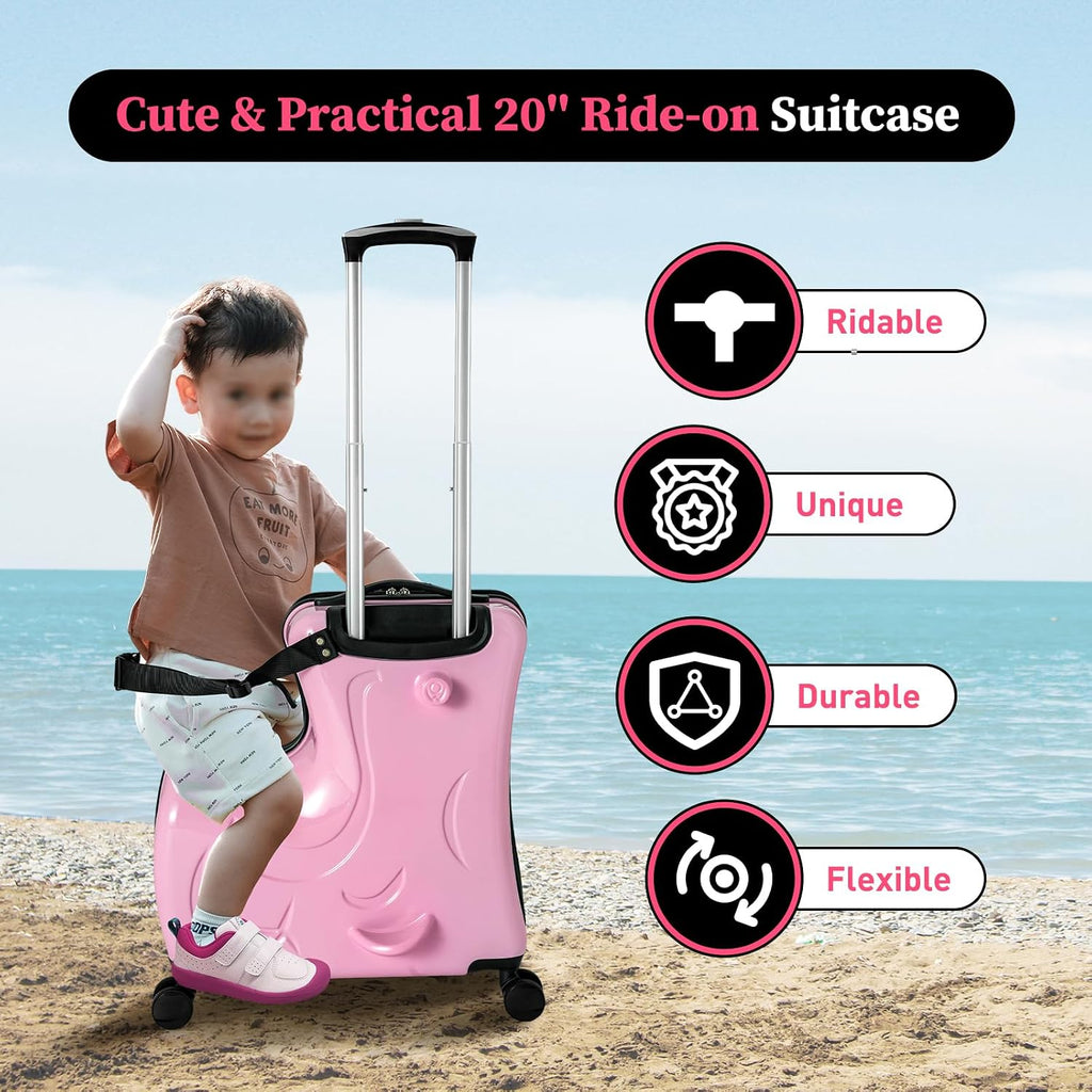 20Inch Kid Ride Suitcase, Portable Kids Travel Suitcase with Lock & Safety Belt, Floor Standing Children's Travel Trolley Case, Ride On Suitcase for Kids Aged 3-6 Years Old