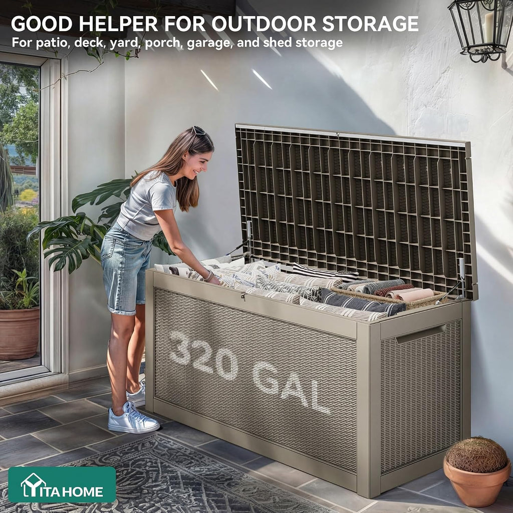 YITAHOME XXL 320 Gal Large Deck Box, Outdoor Resin Storage Box, Rattan Storage Container for Patio Furniture, Garden Tools, Waterproof, Lockable (Brown)