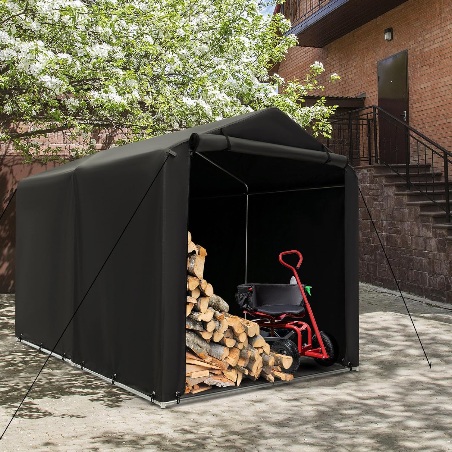 Goplus Portable Storage Shed, 7 x 5.2 x 5.4 Ft Heavy Duty Motorcycle Shed w/Roll-Up Zipper Door, Metal Frame, Waterproof Cover & Wind Rope, Outdoor Storage Tent Shelter for Bike, Garden Tools