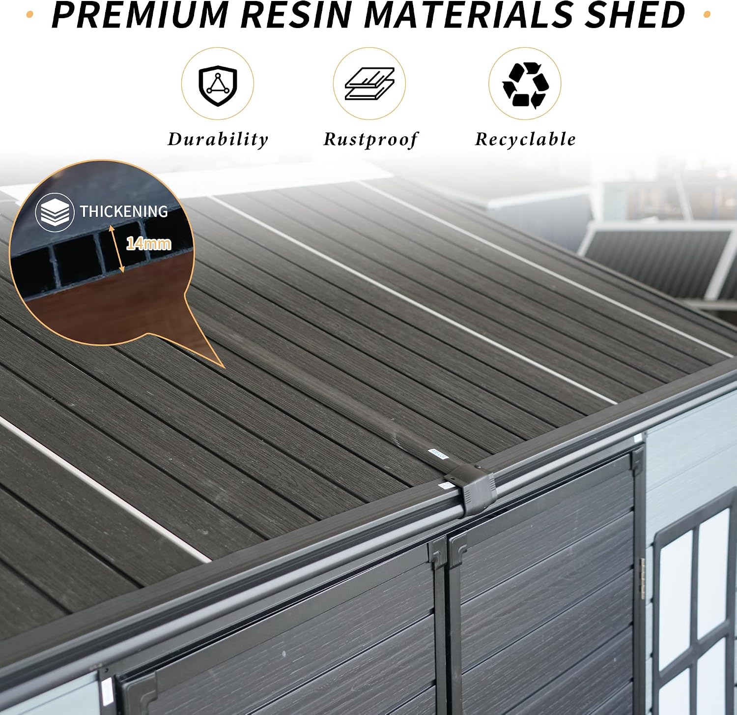 KEIKI 8x6 FT Outdoor Resin Garden Shed with Floor & 2 Windows, Waterproof Tool Storage Shed with Lockable Door for Garden Tools, Bicycles, Trash Cans, Grey+Black
