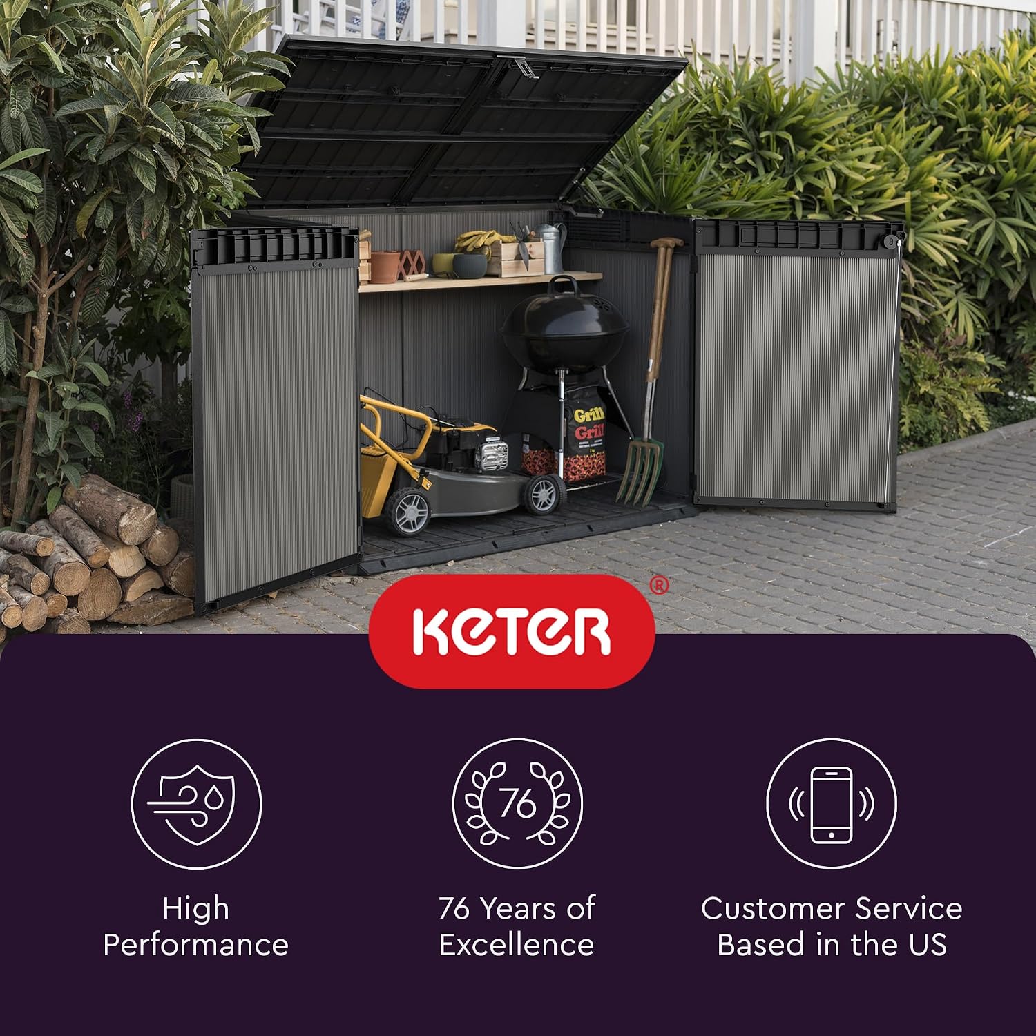 Keter Premier Jumbo 6.2 x 4.3 ft Outdoor Resin Horizontal Storage Shed for Garbage Bins, Yard Tools & Garden Equipment, All‑Weather, Lockable Outdoor Storage