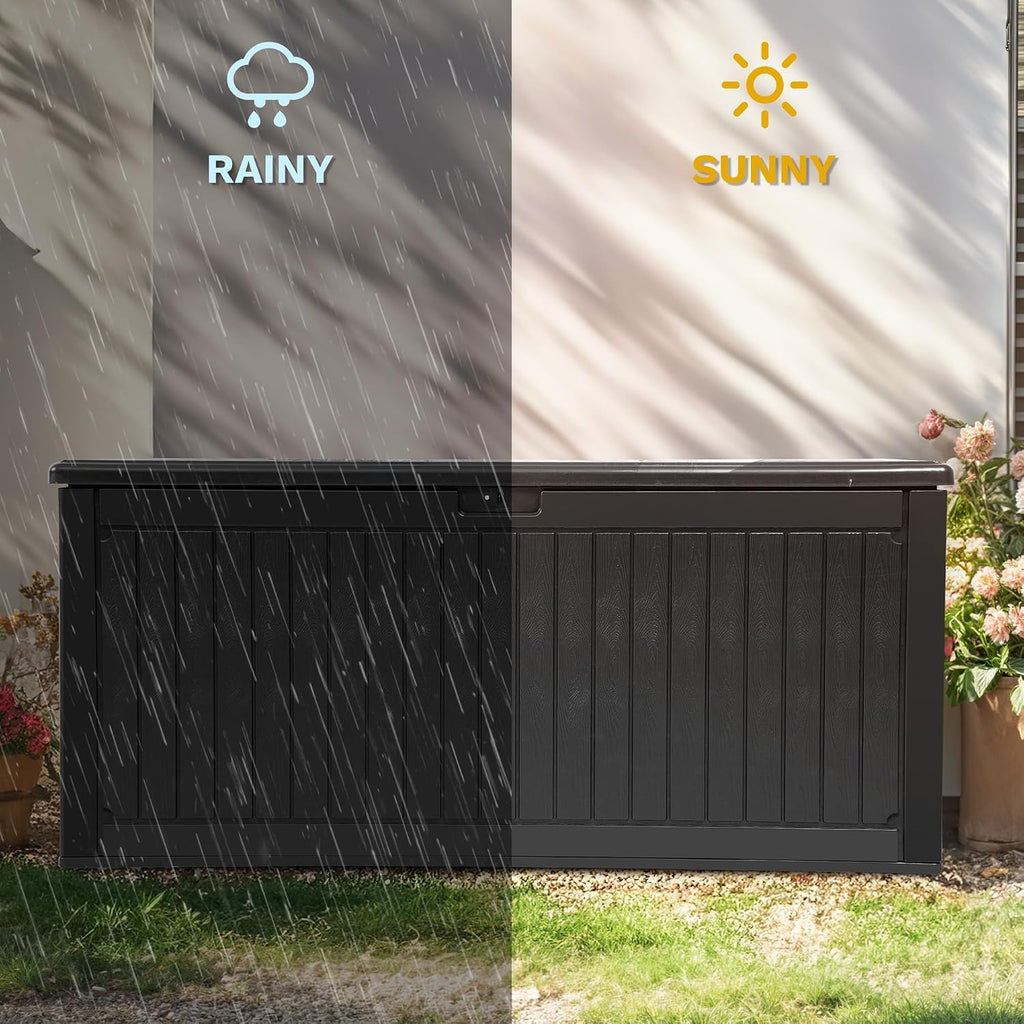 DWVO 320 Gallon Resin Outdoor Storage Box, XXL Double-Wall Waterproof Deck Box with Divider, Doubles as Table or Seating with 1000 lbs Capacity, Lockable (Black)