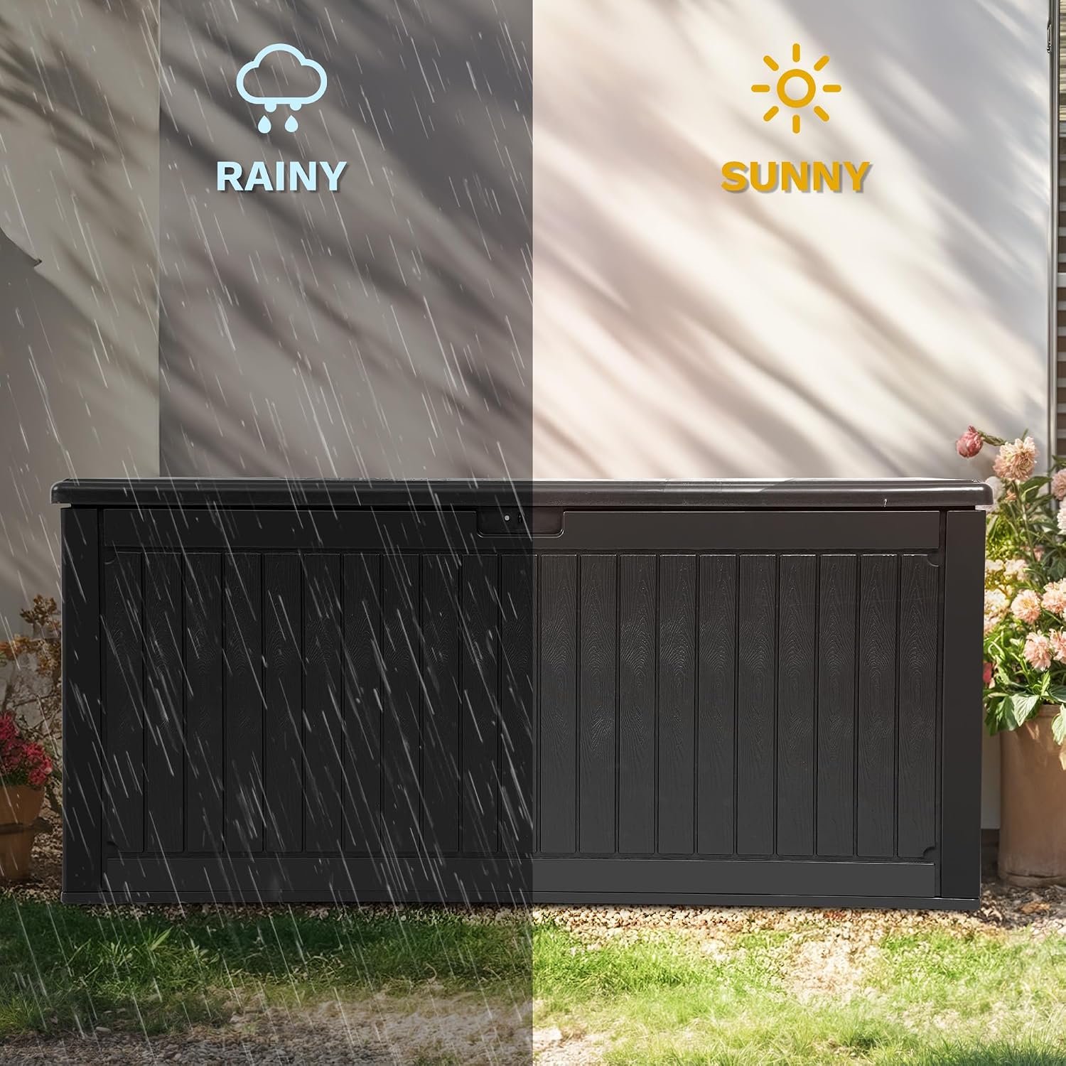 DWVO 320 Gallon Resin Outdoor Storage Box, XXL Double-Wall Waterproof Deck Box with Divider, Doubles as Table or Seating with 1000 lbs Capacity, Lockable (Black)