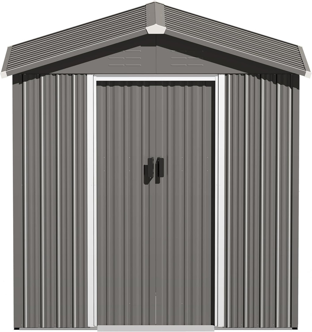 Nuu Garden 6 x 4 FT Outdoor Storage Shed with Sliding Doors, Galvanized Metal Garden Storage Shed with Sloping Roof, Rust-Resistant Backyard Tool Shed with Air Vents for Patio, Lawn, Gray