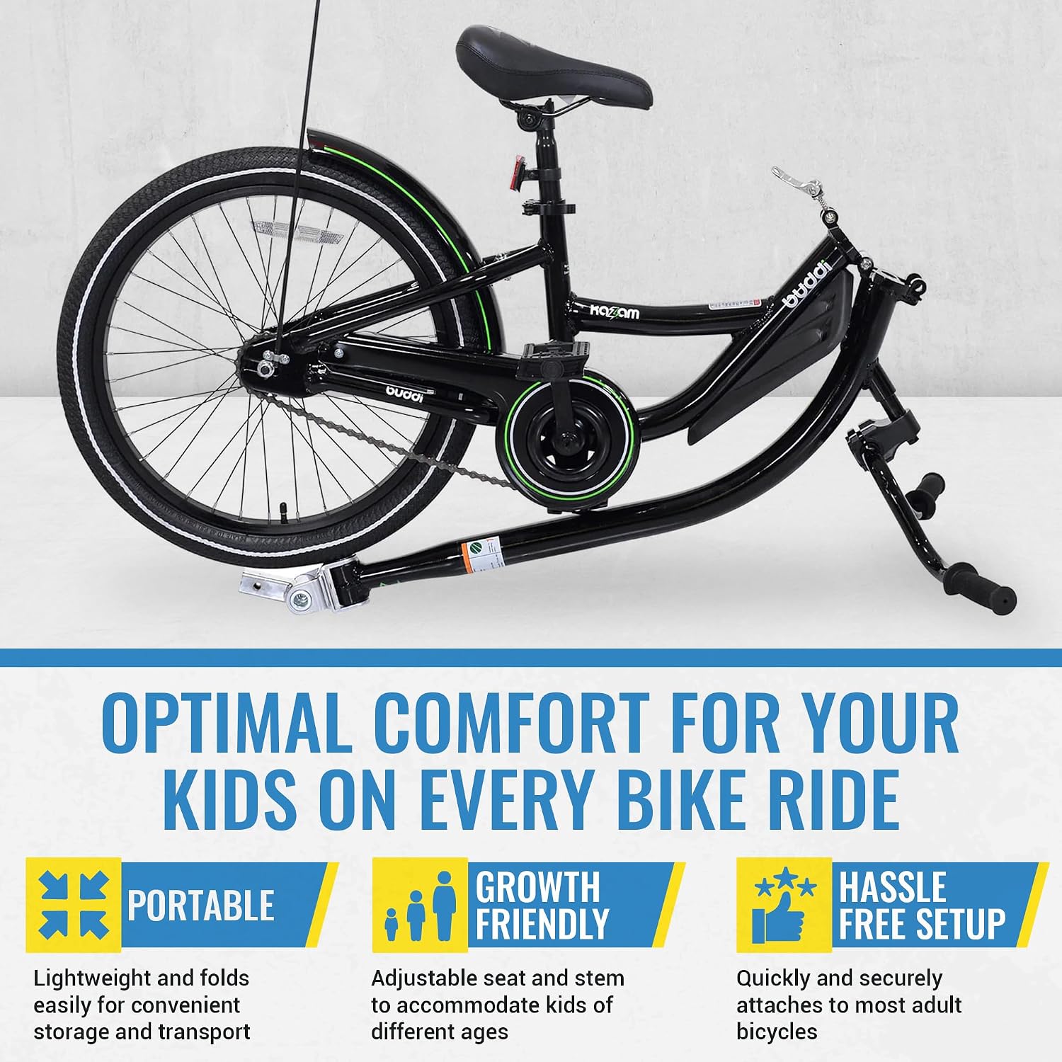 KaZAM Co-Pilot Bike Trailer - 20 Inch Bike Trailer with Adjustable BMX Stem and Handlebar - Lightweight Aluminum Frame and Padded Saddle for Cycling - Perfect for Family Rides
