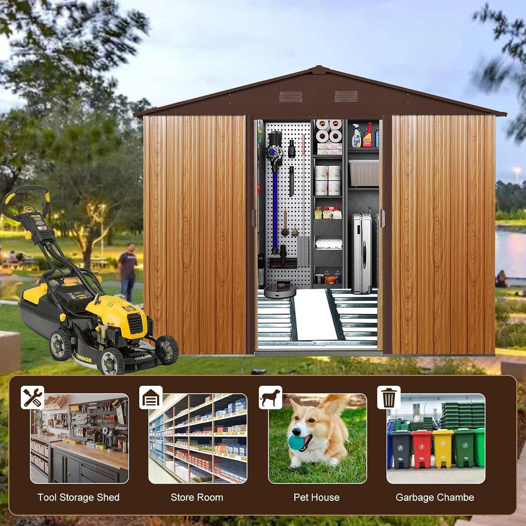 10 x 8 FT Outdoor Storage Shed, Metal Garden Shed with Floor Frame, Large Tool Shed Outdoor Storage with Lockable Sliding Doors & Air Vents, Storage House Waterproof for Backyard, Lawn, Coffee