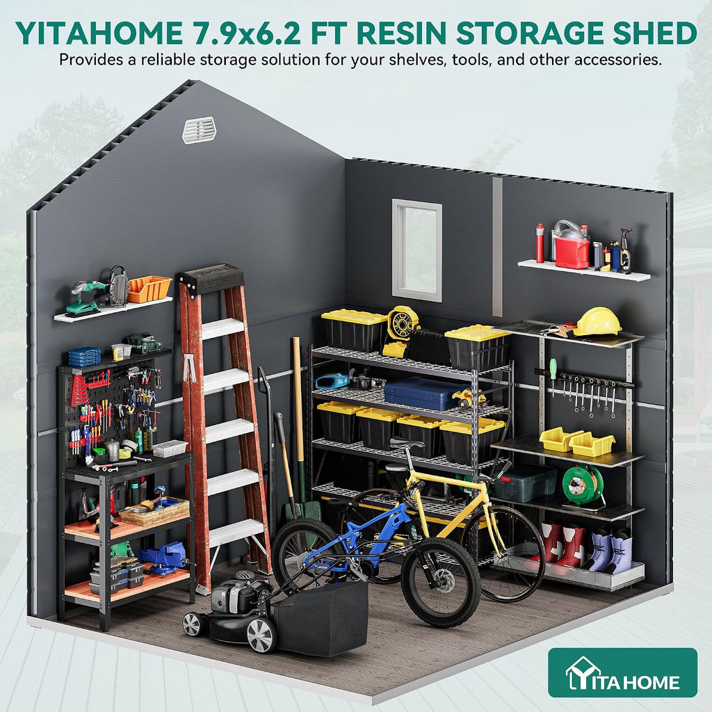 YITAHOME 8x6.2FT Outdoor Storage Shed w/o Floor, All-Weather Plastic Shed with Lockable Doors, Window & Vents, Plastic Tool Shed for Backyard, Patio, Poolside, Lawn, Gray