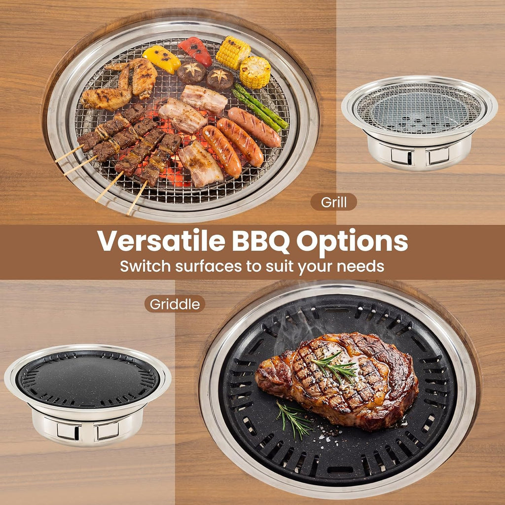 HAPPYGRILL Outdoor Grill Cart, Movable Food Prep Table with Korean BBQ Charcoal Grill, Foldable Side Panel, 2 Storage Shelves, Outside Pizza Oven Table for Patio Backyard Cooking BBQ