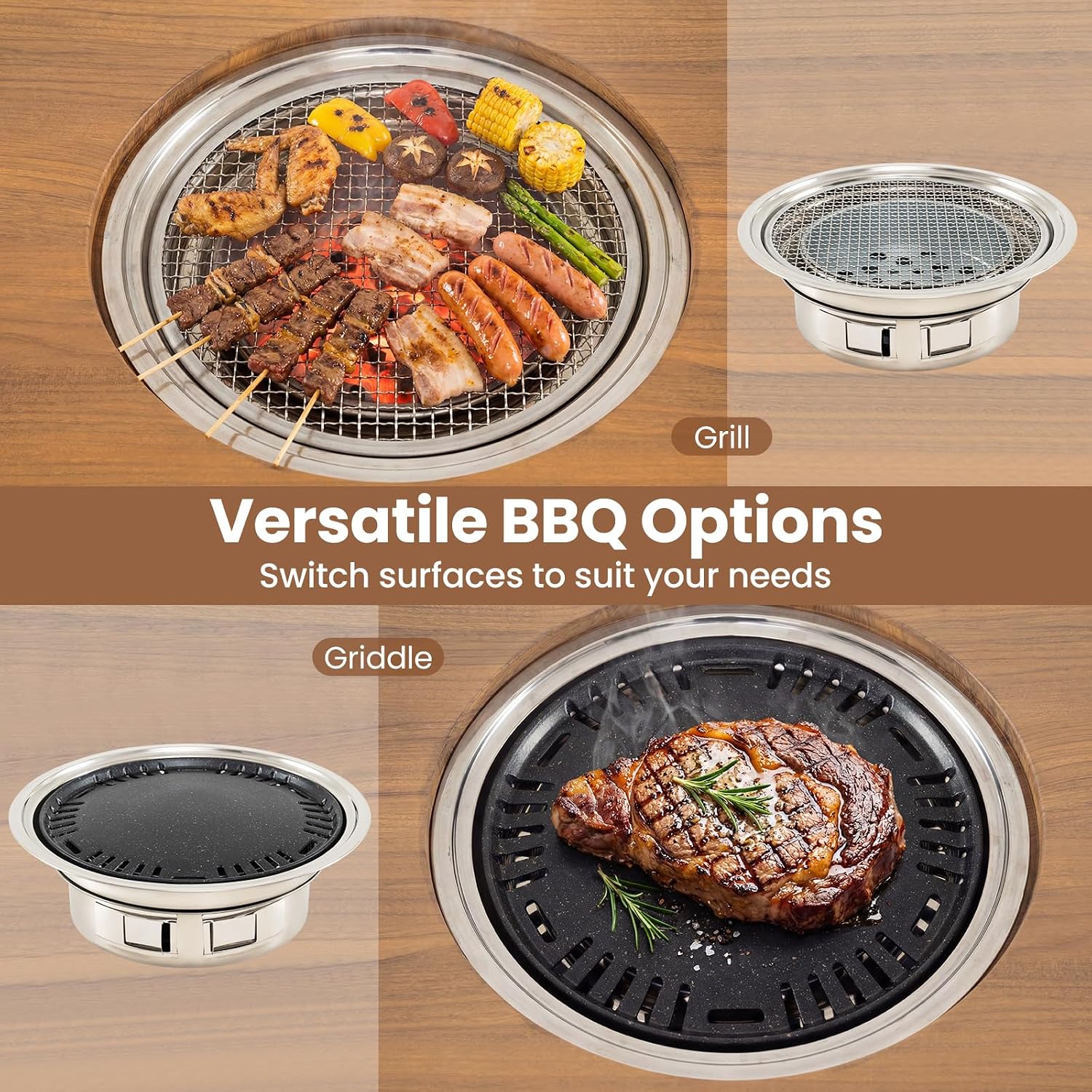 HAPPYGRILL Outdoor Grill Cart, Movable Food Prep Table with Korean BBQ Charcoal Grill, Foldable Side Panel, 2 Storage Shelves, Outside Pizza Oven Table for Patio Backyard Cooking BBQ