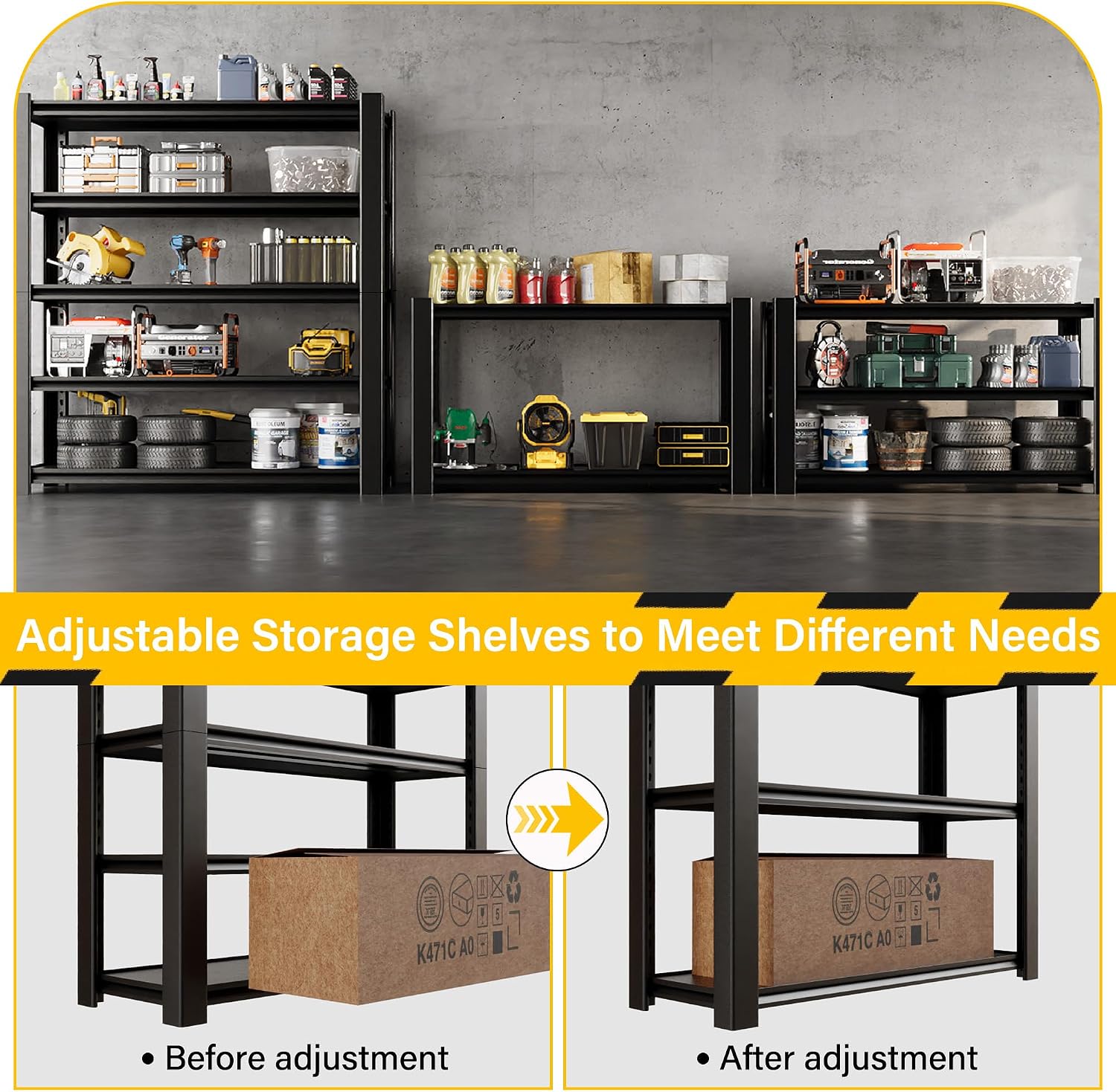 Heavy Duty Garage Shelving Units and Storage, 3000LBS 5 Adjustable Levels, 48″W Metal Shelving for Garage, 72″H Standing Shelf Units, Storage Rack for Garage Organization, 3Pack
