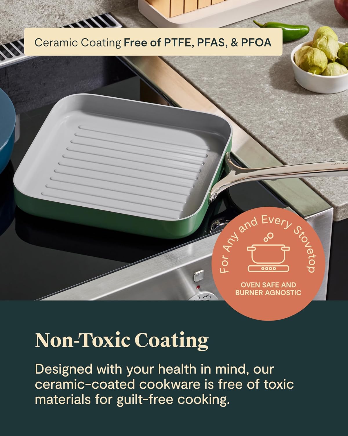 Caraway Square Grill Pan - 11' Grill Pan - Non-Stick Ceramic Coated - Non Toxic, PTFE & PFOA Free - Oven Safe & Compatible with All Stovetops - Navy