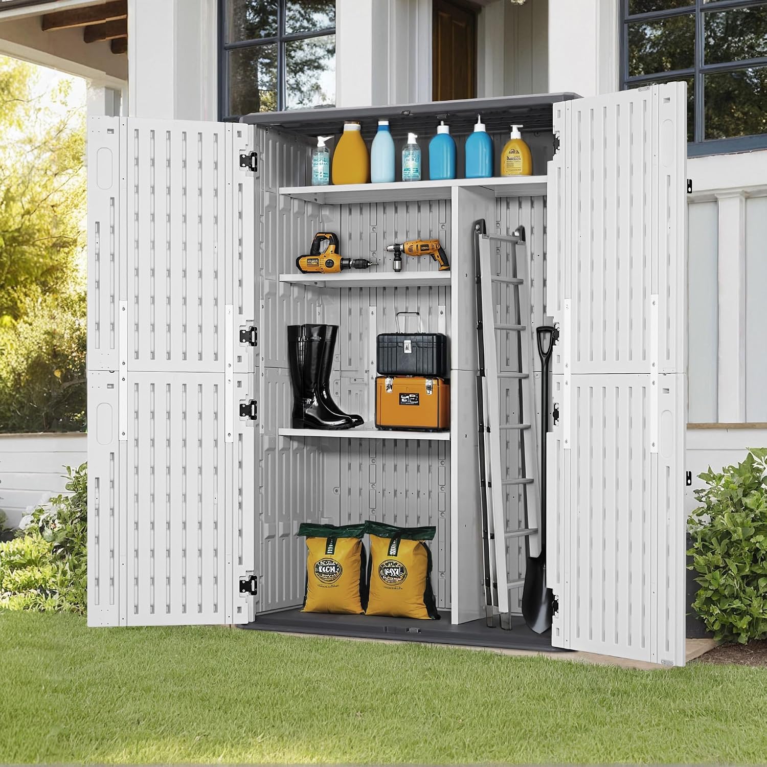 Macrout 50 Cu.Ft Plastic Outdoor Storage Cabinet with Shelves, 4.3 x 2.5 ft Waterproof Resin Outdoor Storage Shed with Floor, Lockable Vertical Shed for Garden and Patio