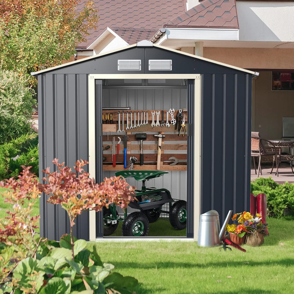 Goplus Outdoor Storage Shed, 7' X 6' Metal Garden Shed with 4 Vents & Double Sliding Door, Utility Tool Shed Storage House for Backyard, Patio, Lawn