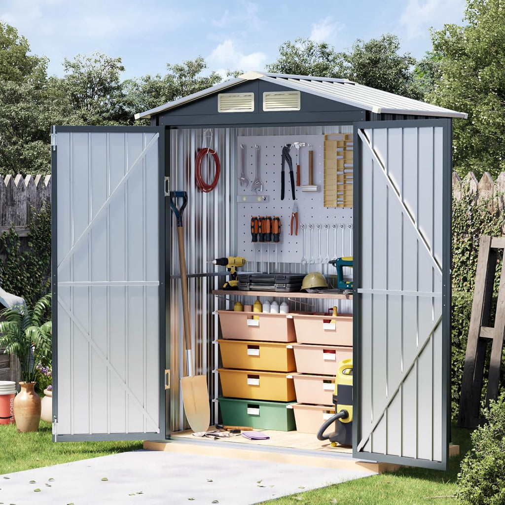 5x3 FT Outdoor Metal Storage Shed with Floor Frame, Double Door, 1 Clear Window, Tool Shed for Garden, Patio, Backyard