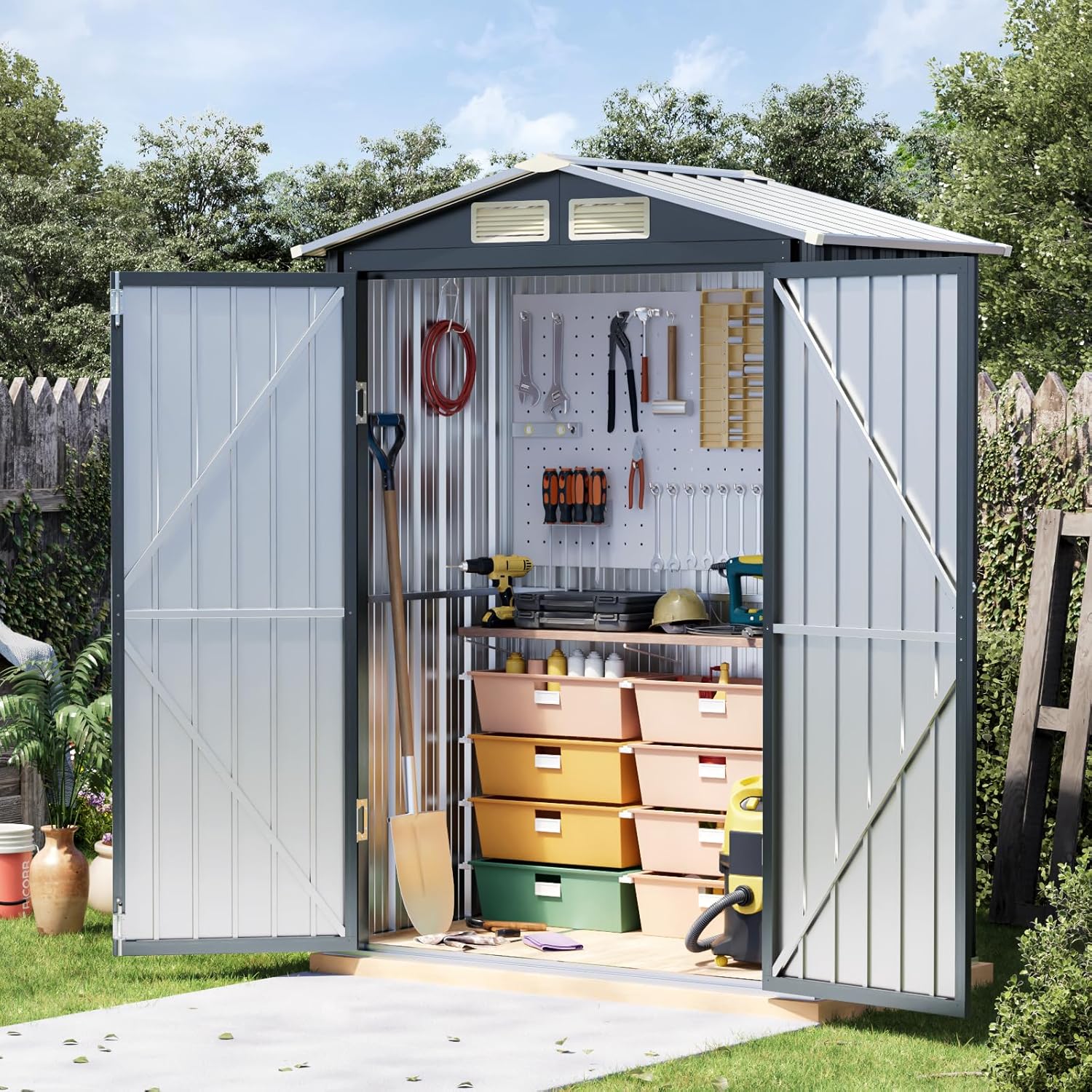 5x3 FT Outdoor Metal Storage Shed with Floor Frame, Double Door, 1 Clear Window, Tool Shed for Garden, Patio, Backyard