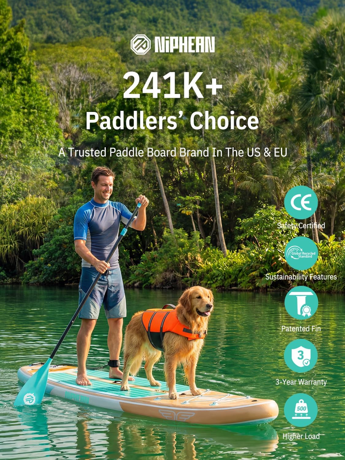 Niphean (Extra Large) Inflatable Paddle Board, SUP for 2+1 People/Family 500lbs Capacity Stand Up Paddle Board with SUP Accessories, StabilTrac Fin Non-Slip Paddleboard for Adults