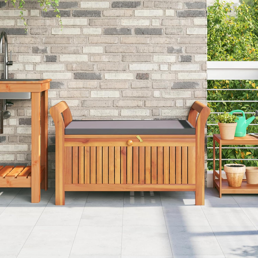 vidaXL Garden Storage Bench, Solid Acacia Wood, Gray Cushion Included, Classic Outdoor Design, Patio & Garden Seating, 35.8' x 19.7' x 23.6', Patio & Deck Organizer, Durable Wooden Furniture