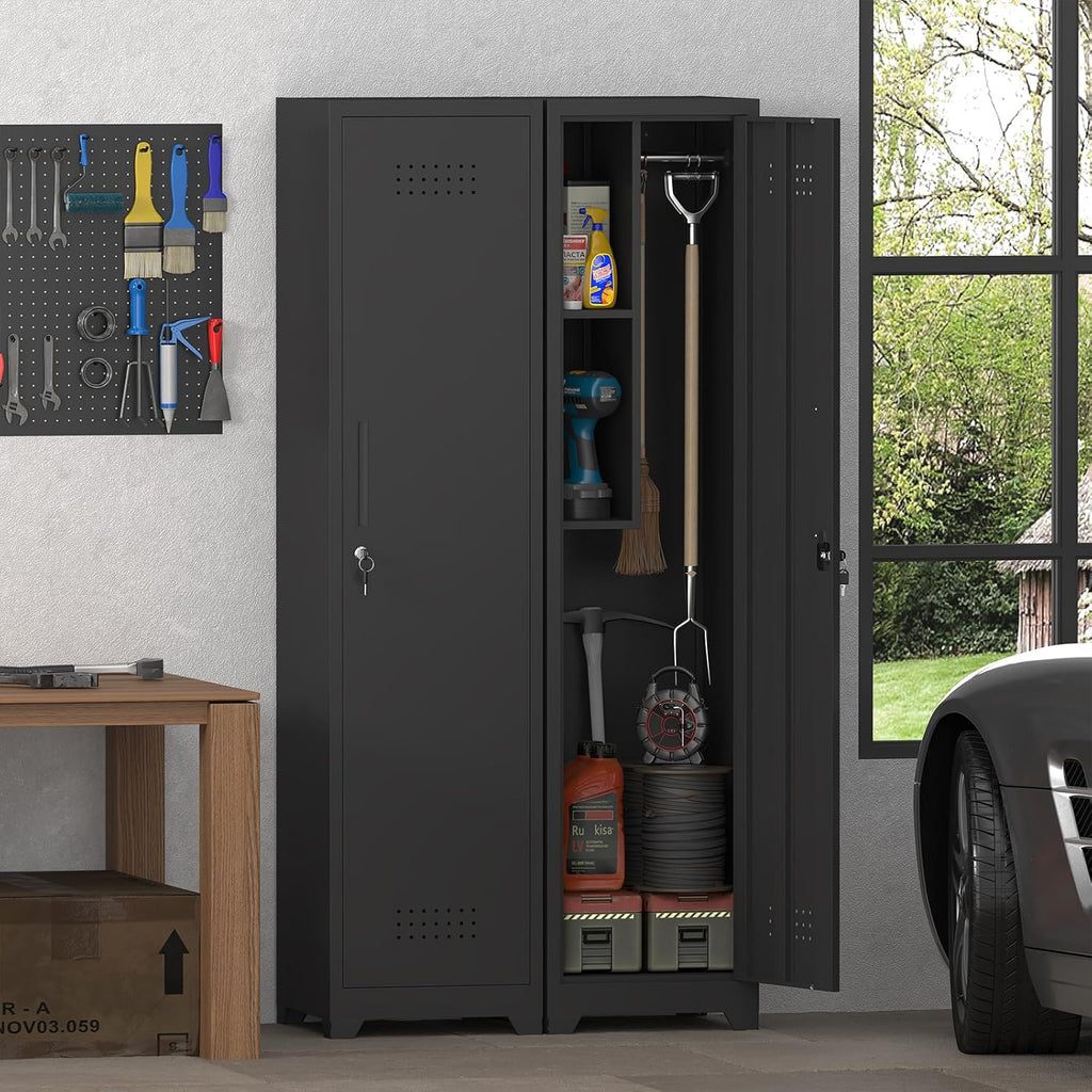 IRONFFICE Metal Utility Closet with Hanging Rod,Narrow Broom Closet with Door,Slim Laundry Storage Cabinet for Bathroo,Gym,Living Room,Black