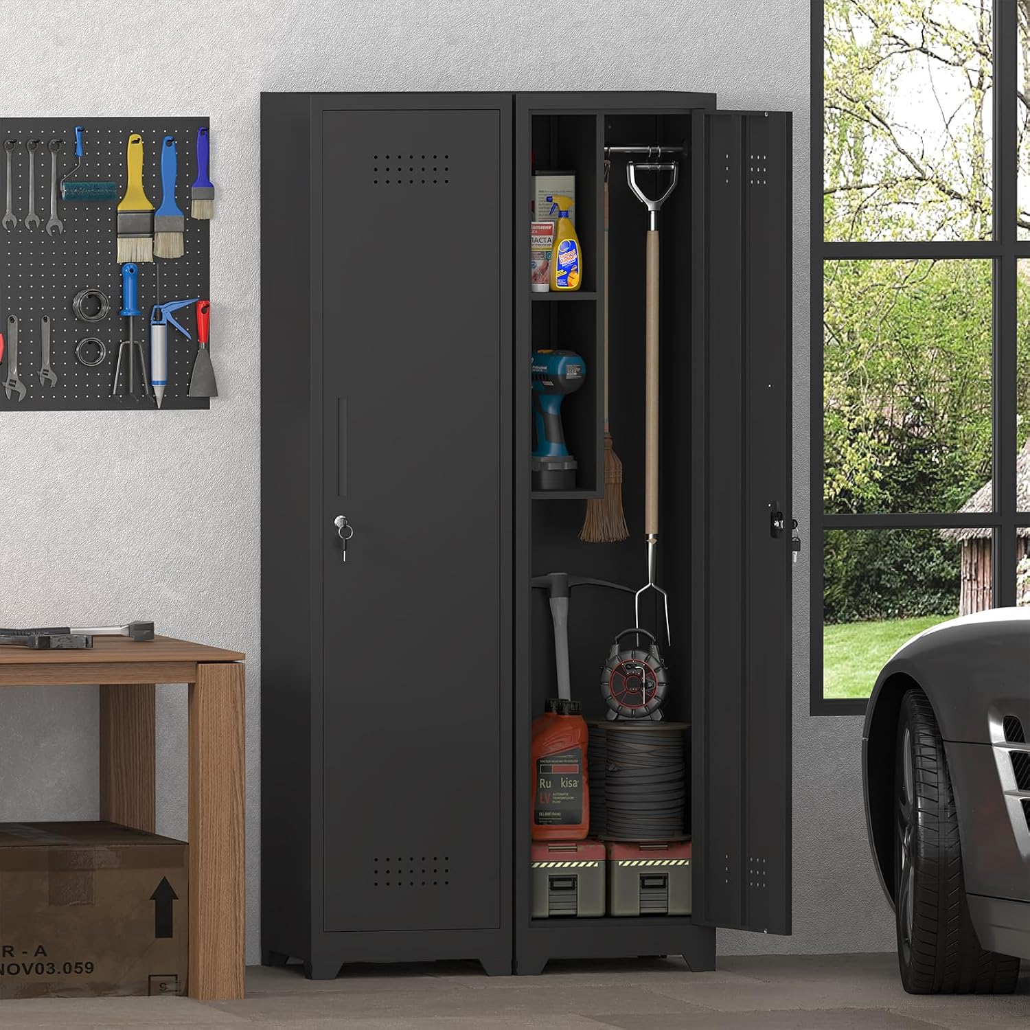 IRONFFICE Metal Utility Closet with Hanging Rod,Narrow Broom Closet with Door,Slim Laundry Storage Cabinet for Bathroo,Gym,Living Room,Black
