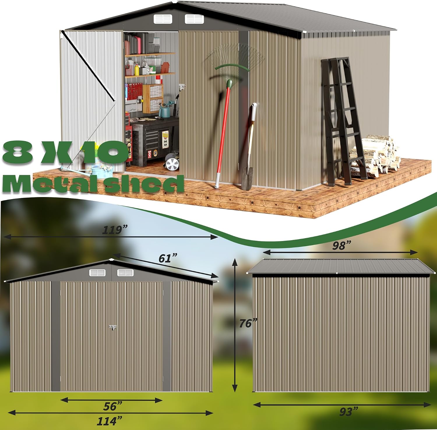 8' x10' Outdoor Metal Storage Shed, Outdoor Metal Shed, All-Weather Resistant Steel Garden Shed with Double Lockable Door, Waterproof Garden Tool Storage Shed for Patio, Backyard, Lawn