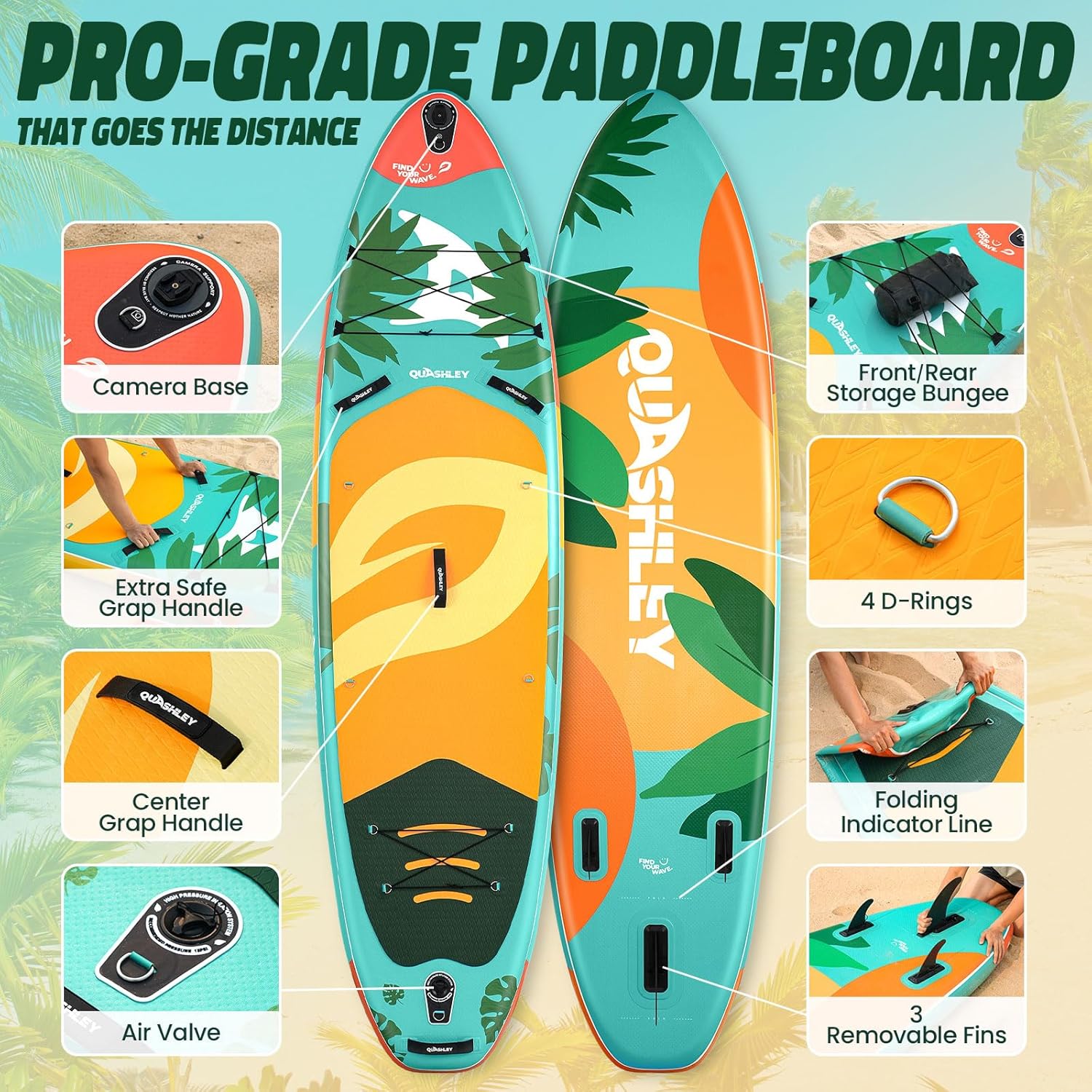 Quashley Inflatable Paddle Board Extra Wide Stand Up Paddleboards 11'×34' with All Premium Paddle Board Accessories,Inflatable SUP for Adults/Family,Beginner-Friendly,Removable Fin,Hand Pump