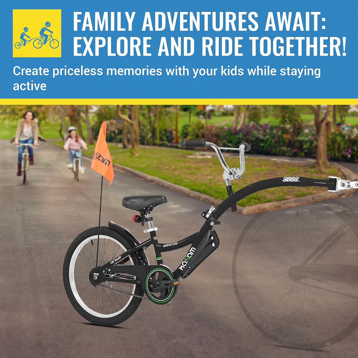 KaZAM Co-Pilot Bike Trailer - 20 Inch Bike Trailer with Adjustable BMX Stem and Handlebar - Lightweight Aluminum Frame and Padded Saddle for Cycling - Perfect for Family Rides