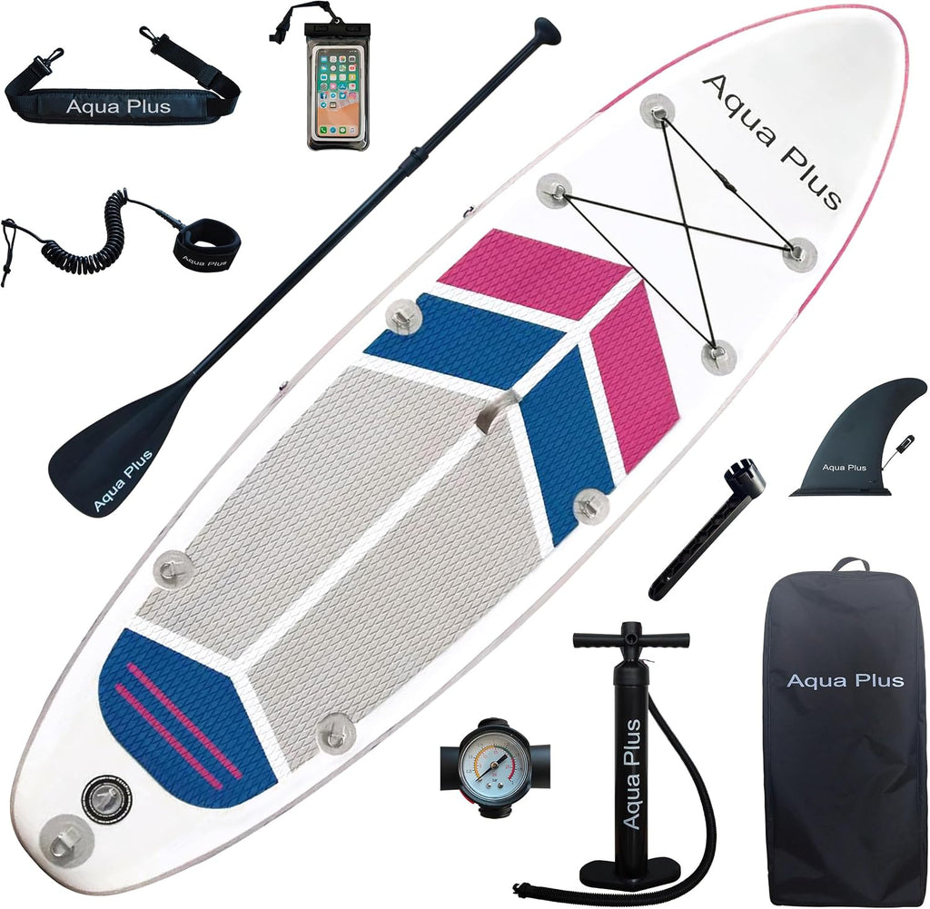 Aqua Plus 6inches Thick Inflatable SUP for All Skill Levels Stand Up Paddle Board,Paddle,Pump,ISUP Travel Backpack, Leash,Shoulder Strap,Youth,Adult Inflatable Paddle Board