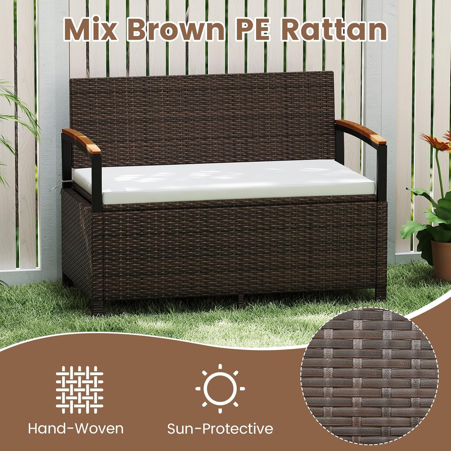Tangkula 46 Gallon Outdoor Bench with Storage, Outdoor PE Rattan Storage Bench with Cushion, Backrest & Acacia Wood Armrests, Metal Frame, Waterproof Deck Box Seat for Porch Backyard Poolside